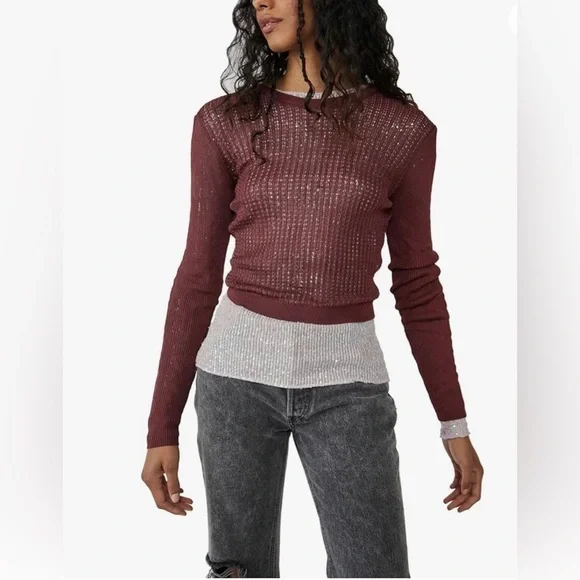 Free People H20 Crew Pullover Sweater Womens Open Knit Ribbed Mesh Sz Medium - Picture 4 of 13